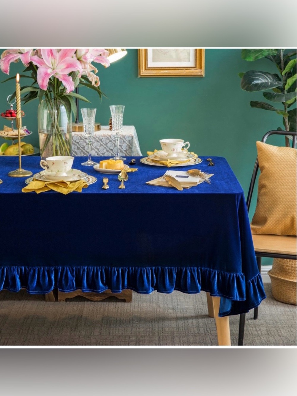 FARMHOUSE Ruffle Tablecloth Rectangular 70x52” BLUE VELVET